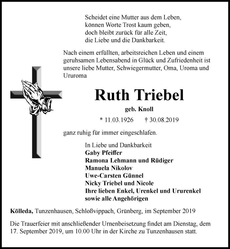  Traueranzeige für Ruth Triebel vom 07.09.2019 aus Thüringer Allgemeine