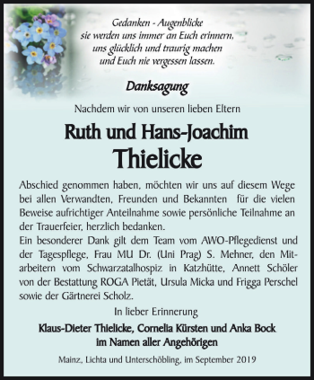 Traueranzeige von Ruth und Hans-Joachim Thielcke von Ostthüringer Zeitung