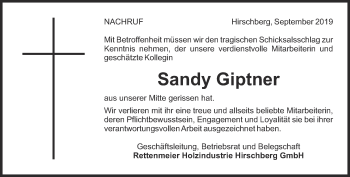 Traueranzeige von Sandy Giptner von Ostthüringer Zeitung