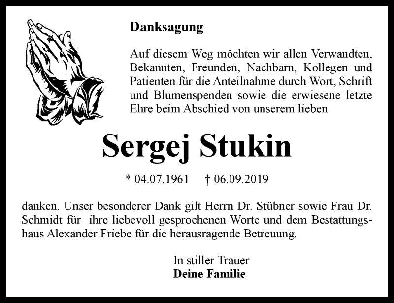  Traueranzeige für Sergej Stukin vom 21.09.2019 aus Thüringer Allgemeine, Thüringische Landeszeitung