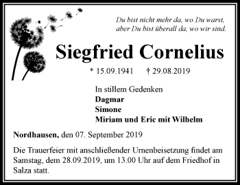 Traueranzeige von Siegfried Cornelius von Thüringer Allgemeine