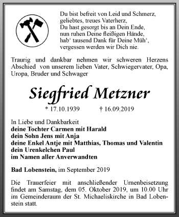 Traueranzeige von Siegfried Metzner von Ostthüringer Zeitung