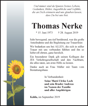 Traueranzeige von Thomas Nerke von Ostthüringer Zeitung, Thüringische Landeszeitung