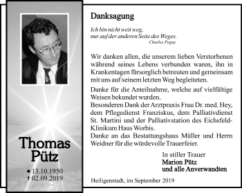 Traueranzeige von Thomas Pütz von Thüringer Allgemeine