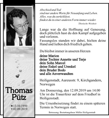 Traueranzeige von Thomas Pütz von Thüringer Allgemeine