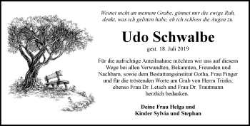 Traueranzeige von Udo Schwalbe von Ostthüringer Zeitung, Thüringische Landeszeitung
