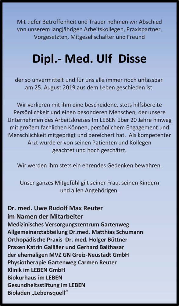  Traueranzeige für Ulf Disse vom 07.09.2019 aus Ostthüringer Zeitung