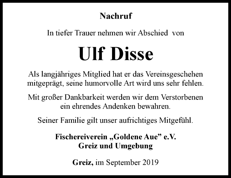  Traueranzeige für Ulf Disse vom 13.09.2019 aus Ostthüringer Zeitung