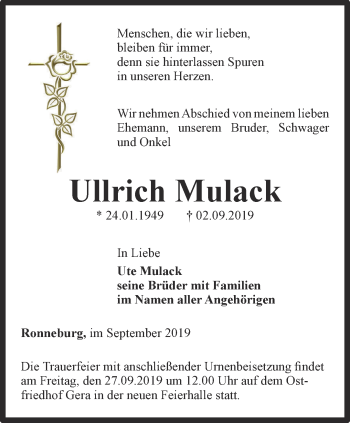 Traueranzeige von Ullrich Mulack von Ostthüringer Zeitung