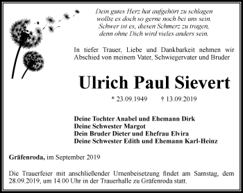 Traueranzeige von Ulrich Paul Sievert von Thüringer Allgemeine