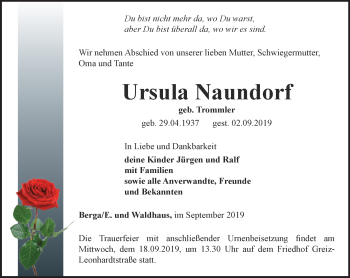 Traueranzeige von Ursula Naundorf von Ostthüringer Zeitung