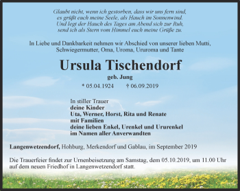 Traueranzeige von Ursula Tischendorf von Ostthüringer Zeitung