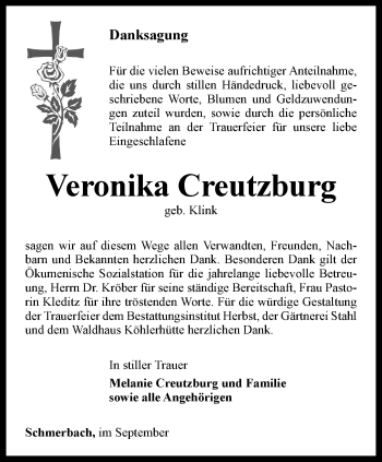 Traueranzeige von Veronika Creutzburg von Ostthüringer Zeitung, Thüringische Landeszeitung