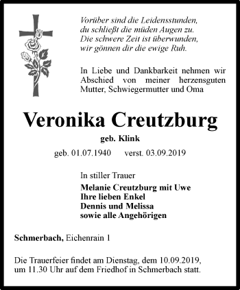 Traueranzeige von Veronika Creutzburg von Ostthüringer Zeitung, Thüringische Landeszeitung