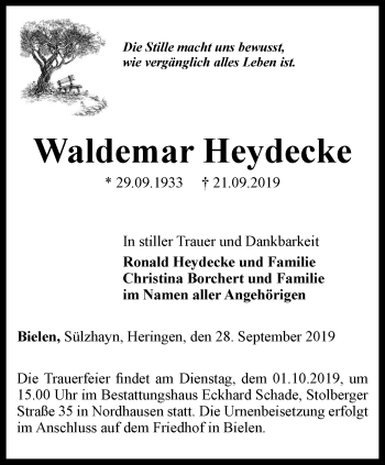 Traueranzeige von Waldemar Heydecke von Thüringer Allgemeine