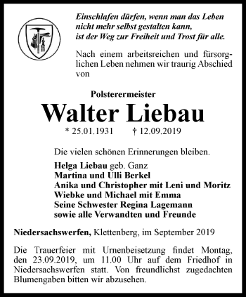 Traueranzeige von Walter Liebau von Thüringer Allgemeine