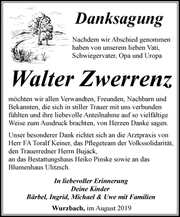 Traueranzeige von Walter Zwerrenz von Ostthüringer Zeitung