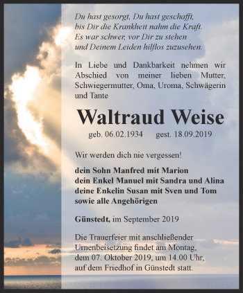 Traueranzeige von Waltraud Weise von Thüringer Allgemeine