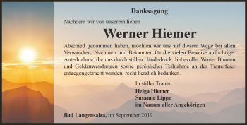 Traueranzeige von Werner Hiemer von Thüringer Allgemeine, Thüringische Landeszeitung