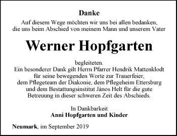 Traueranzeige von Werner Hopfgarten von Thüringer Allgemeine, Thüringische Landeszeitung