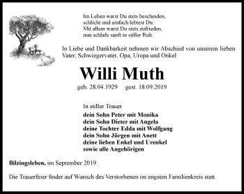 Traueranzeige von Willi Muth von Thüringer Allgemeine