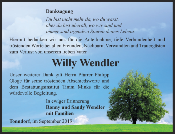 Traueranzeige von Willy Wendler von Thüringer Allgemeine, Thüringische Landeszeitung