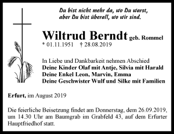 Traueranzeige von Wiltrud Berndt von Ostthüringer Zeitung, Thüringische Landeszeitung