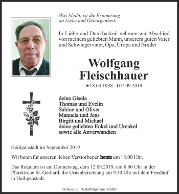 Traueranzeige von Wolfgang Fleischhauer von Thüringer Allgemeine