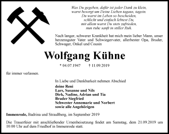 Traueranzeige von Wolfgang Kühne von Thüringer Allgemeine