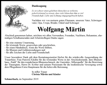 Traueranzeige von Wolfgang Märtin von Ostthüringer Zeitung, Thüringische Landeszeitung