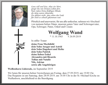 Traueranzeige von Wolfgang Wand von Thüringer Allgemeine