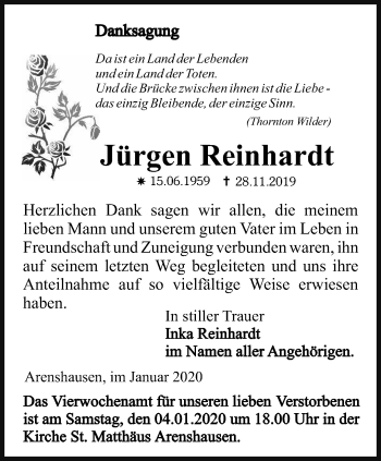 Traueranzeige von Jürgen Reinhardt von Thüringer Allgemeine, Thüringische Landeszeitung, Ostthüringer Zeitung