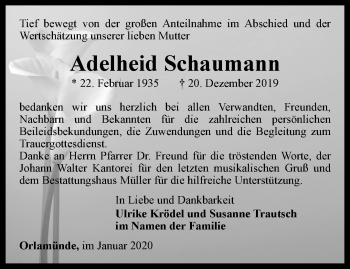 Traueranzeige von Adelheid Schaumann von Ostthüringer Zeitung, Thüringische Landeszeitung