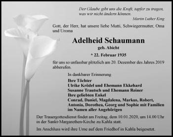 Traueranzeige von Adelheid Schaumann von Ostthüringer Zeitung, Thüringische Landeszeitung