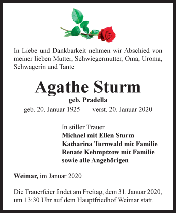 Traueranzeige von Agathe Sturm von Thüringer Allgemeine, Thüringische Landeszeitung