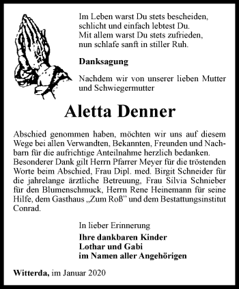 Traueranzeige von Aletta Denner von Thüringer Allgemeine, Thüringische Landeszeitung