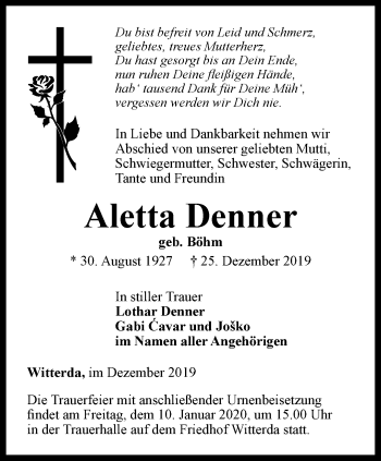 Traueranzeige von Aletta Denner von Thüringer Allgemeine, Thüringische Landeszeitung