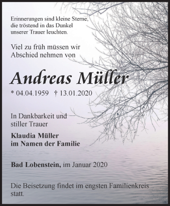 Traueranzeige von Andreas Müller von Ostthüringer Zeitung