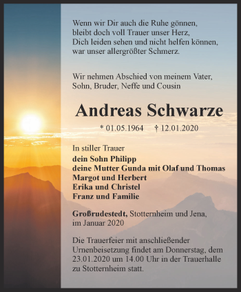 Traueranzeige von Andreas Schwarze von Thüringer Allgemeine, Thüringische Landeszeitung