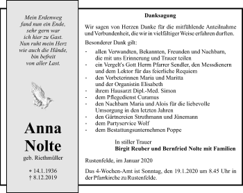 Traueranzeige von Anna Nolte von Thüringer Allgemeine