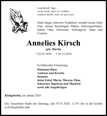 Traueranzeige von Annelies Kirsch von Ostthüringer Zeitung