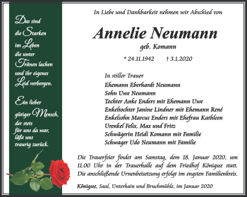 Traueranzeige von Anneliese Neumann von Ostthüringer Zeitung