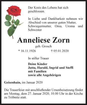 Traueranzeige von Anneliese Zorn von Ostthüringer Zeitung