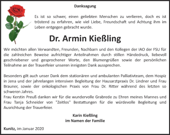 Traueranzeige von Armin Kießling von Ostthüringer Zeitung, Thüringische Landeszeitung