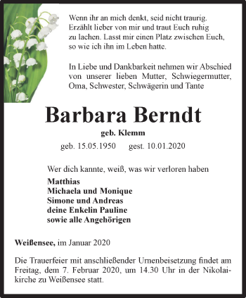 Traueranzeige von Barbara Berndt von Thüringer Allgemeine