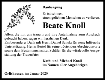 Traueranzeige von Beate Knoll von Thüringer Allgemeine