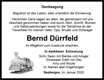 Traueranzeige von Bernd Dürrfeld von Ostthüringer Zeitung, Thüringische Landeszeitung