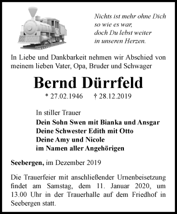 Traueranzeige von Bernd Dürrfeld von Ostthüringer Zeitung, Thüringische Landeszeitung