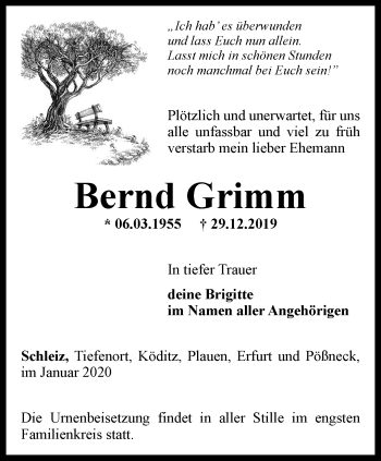 Traueranzeige von Bernd Grimm von Ostthüringer Zeitung