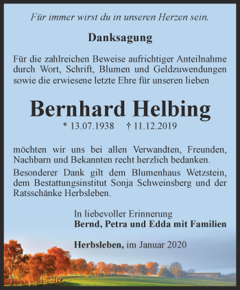 Traueranzeige von Bernhard Helbing von Thüringer Allgemeine, Thüringische Landeszeitung